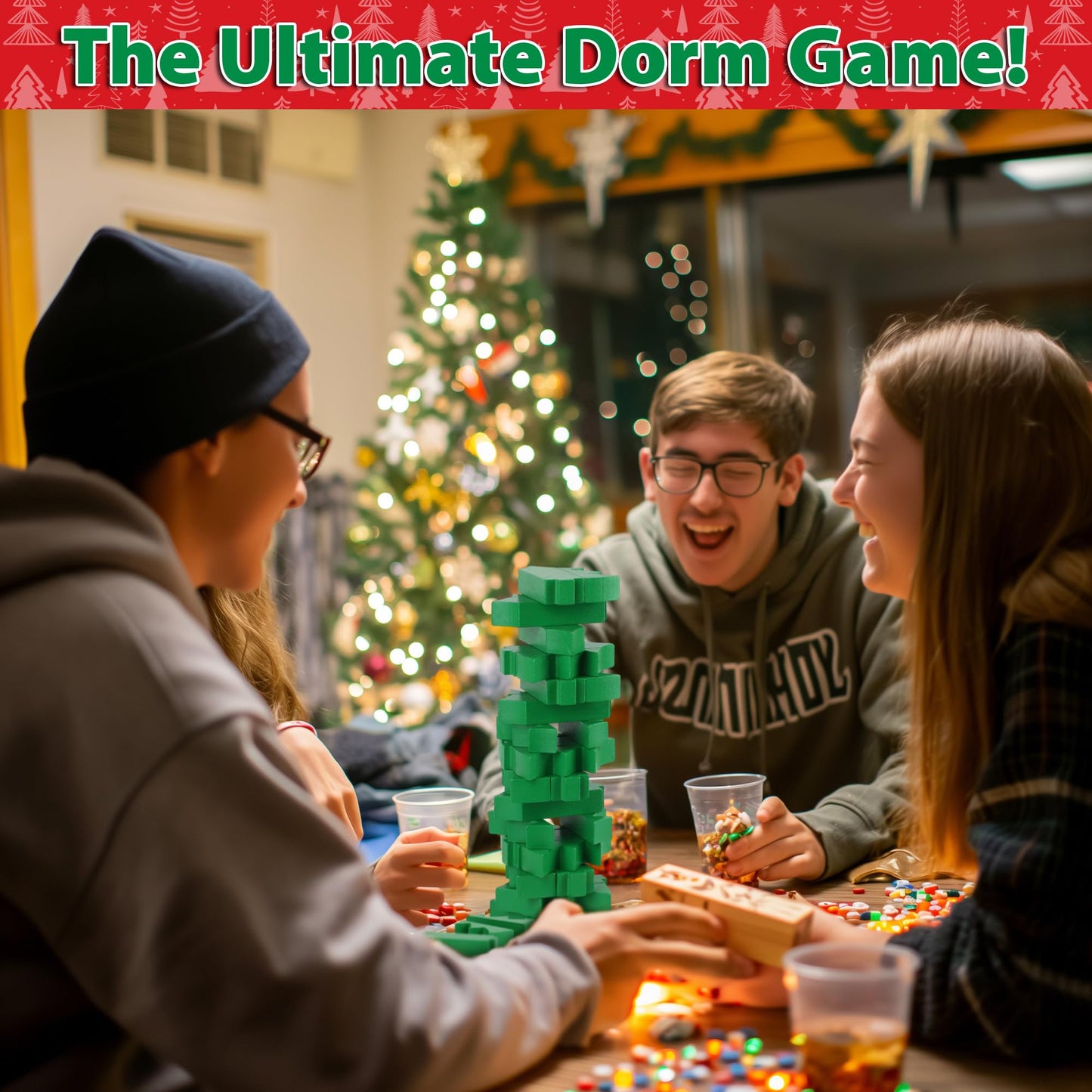 Funwares Santa’s Stack-Up: Wooden Christmas Tree Stacking Game for Family Fun | Ages 6+