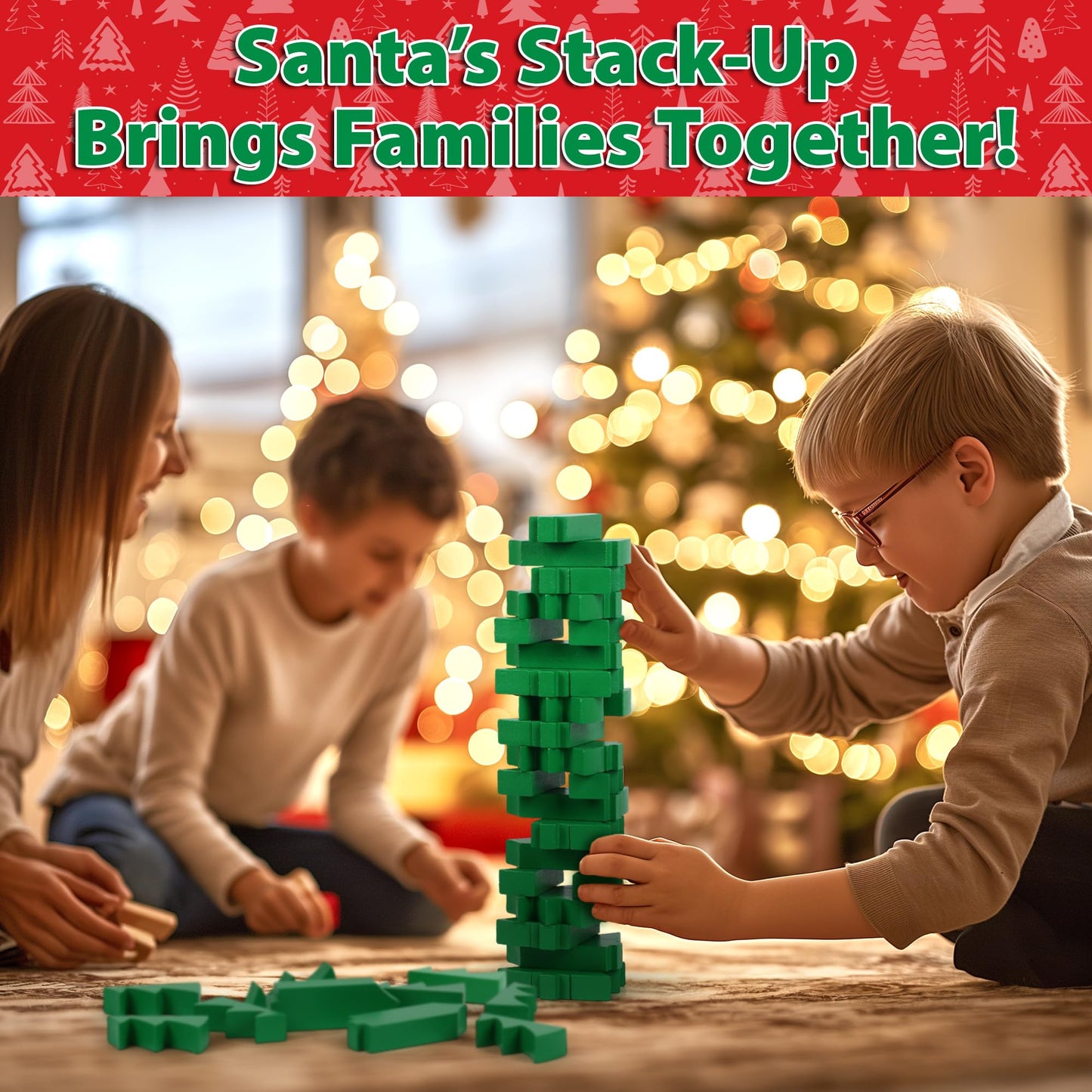 Funwares Santa’s Stack-Up: Wooden Christmas Tree Stacking Game for Family Fun | Ages 6+