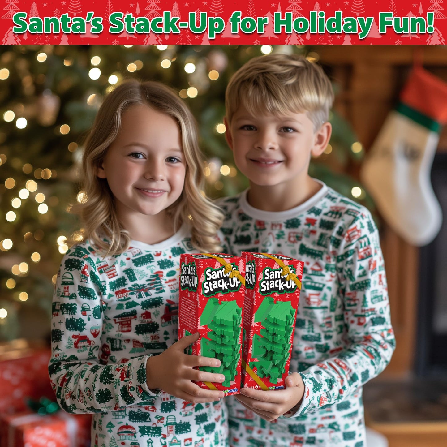 Funwares Santa’s Stack-Up: Wooden Christmas Tree Stacking Game for Family Fun | Ages 6+