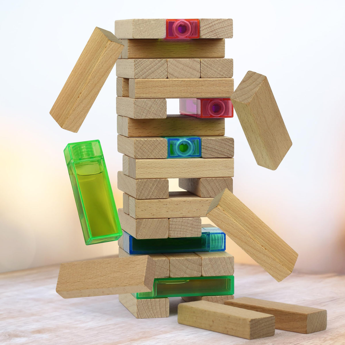 Funwares Stack Attack: Wooden Blocks Stacking Game with Beverage Twist - Family Fun