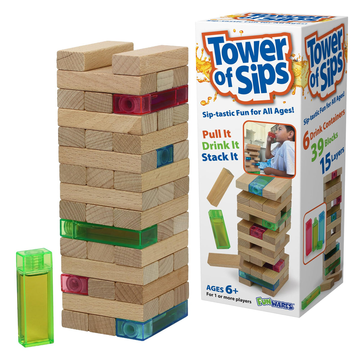 Funwares Stack Attack: Wooden Blocks Stacking Game with Beverage Twist - Family Fun
