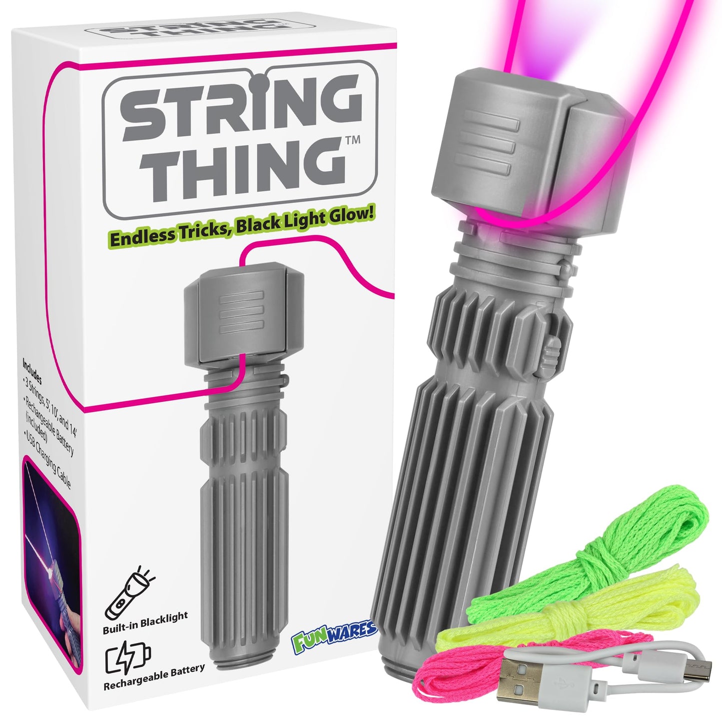 Funwares String Thing - Glowing String Toy with Built-in Blacklight | Rechargeable Fun for All Ages