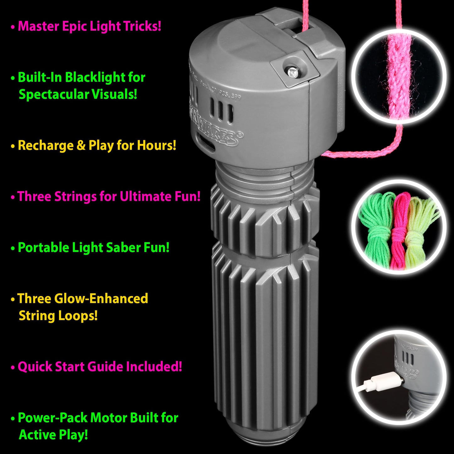 Funwares String Thing - Glowing String Toy with Built-in Blacklight | Rechargeable Fun for All Ages