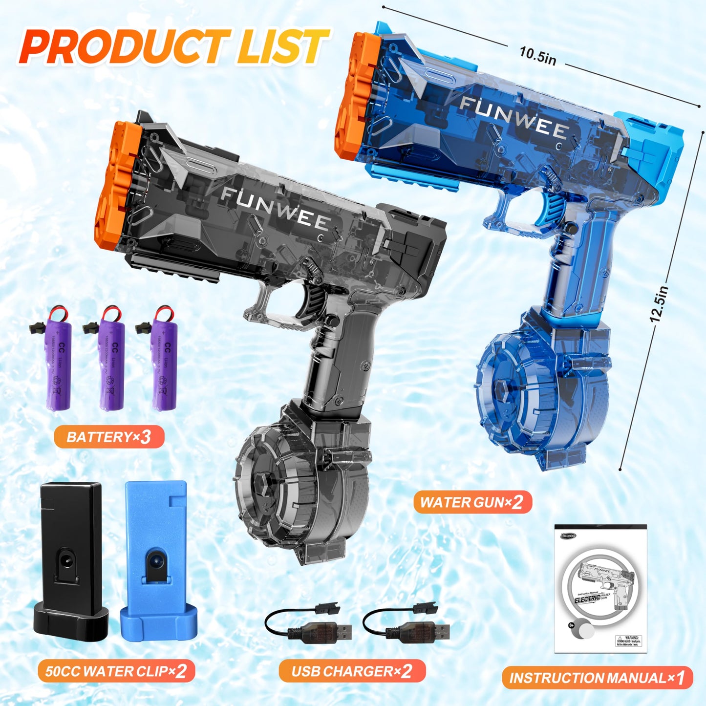 Funwee 2025 Upgrade 2 Pack Electric Water Guns – Light Up, High Capacity & Long Range