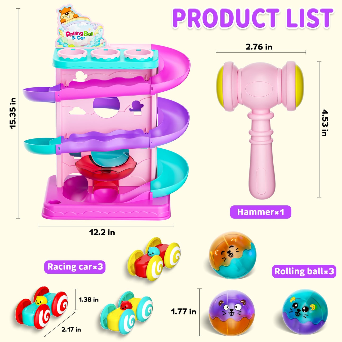 Funwee 2-in-1 Rolling Ball & Racing Car Ramp Toy for Toddlers (Pink)