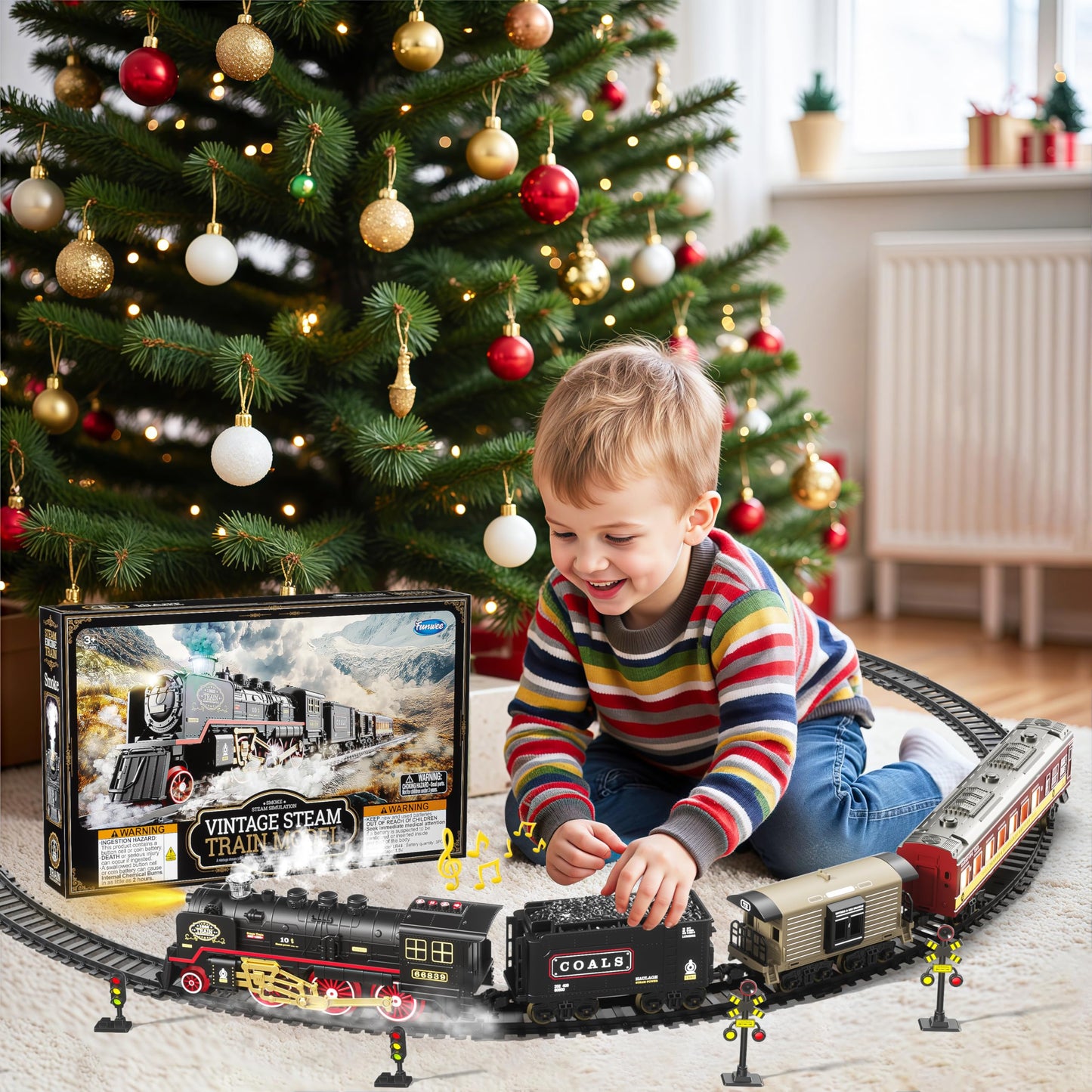 Funwee Electric Train Toy with Smokes, Lights & Sound – Track Set for Kids 3-7+
