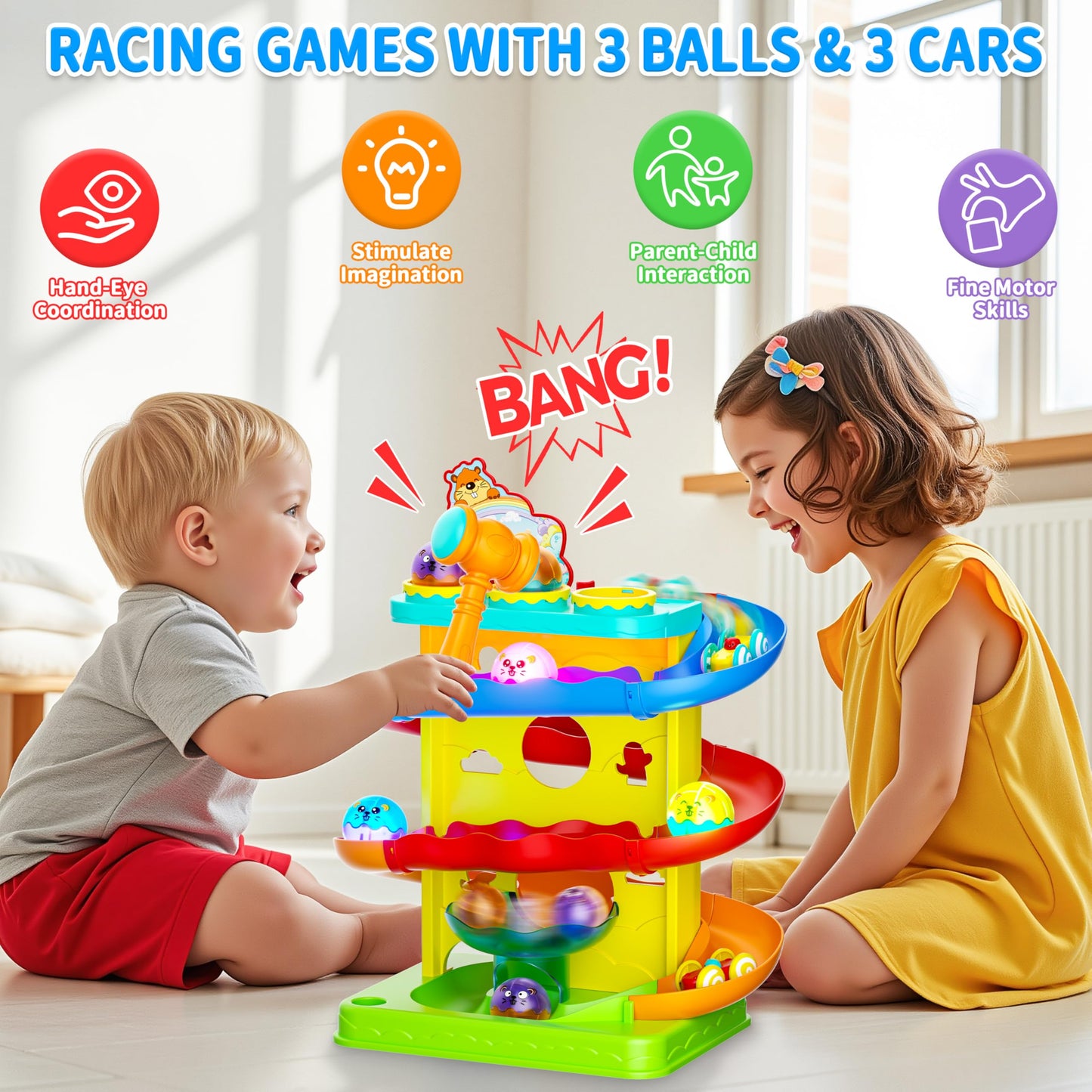 Funwee 2-in-1 Rolling Ball & Racing Car Ramp Toy – Light-Up Balls & Tracks for Toddlers (Yellow)