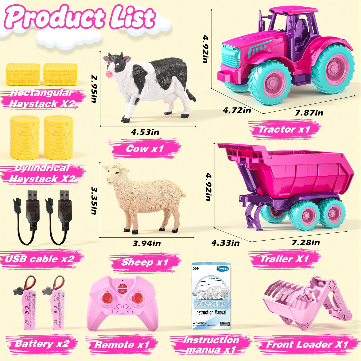 Funwee RC Tractor Toy Set with Lights & Sound – Rose Red