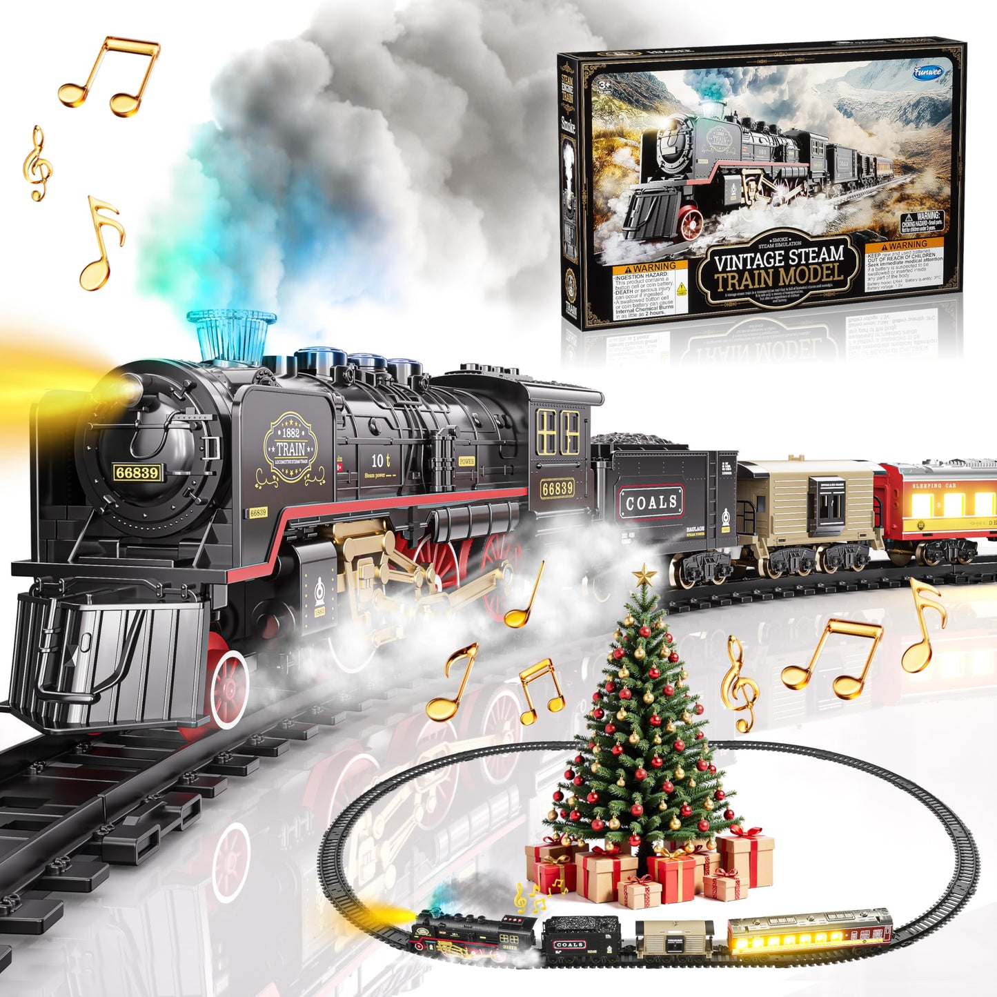 Funwee Electric Train Toy with Smokes, Lights & Sound – Track Set for Kids 3-7+