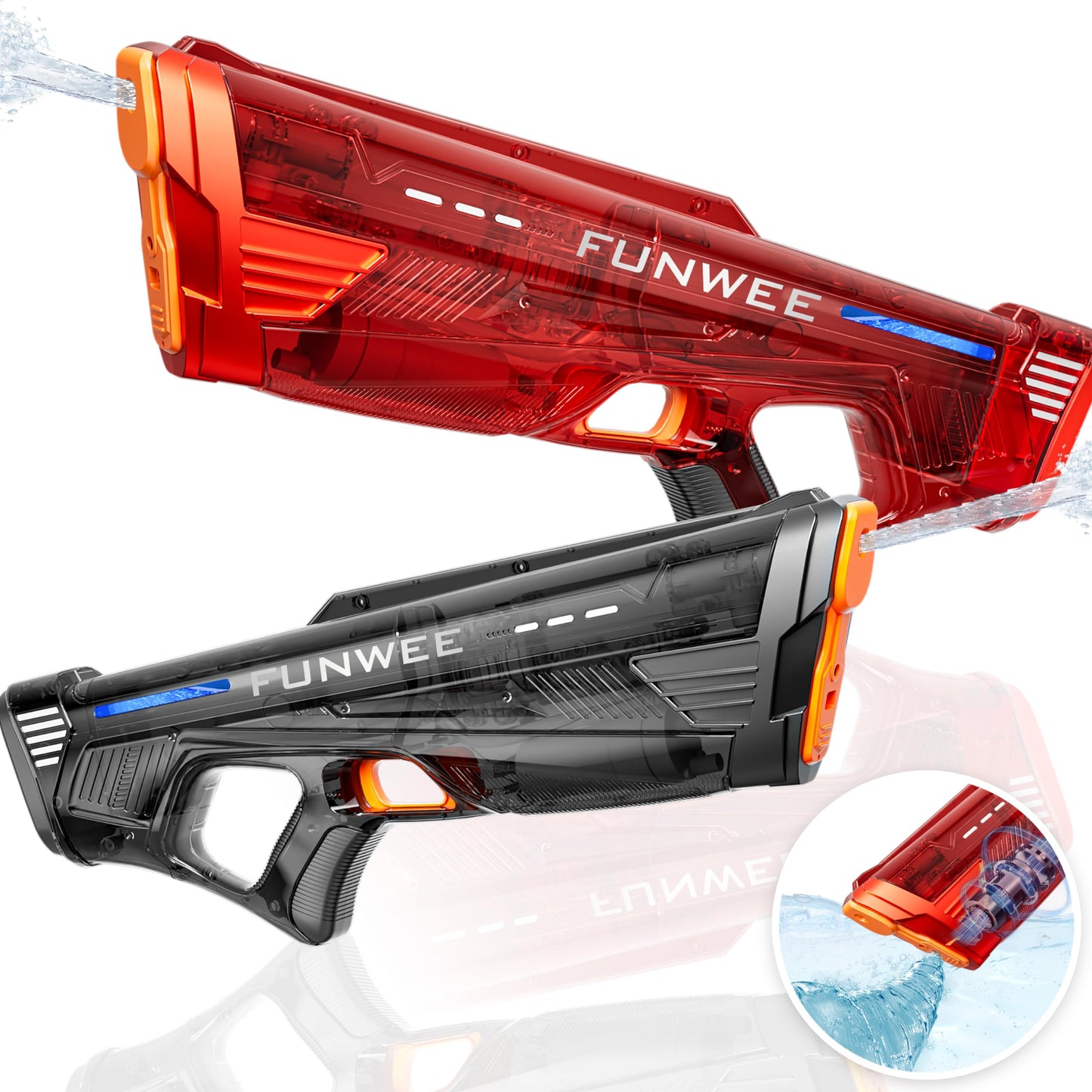 Funwee 2 Pack Electric Water Gun – High-Powered Auto Water Blaster (Transparent Red & Black)