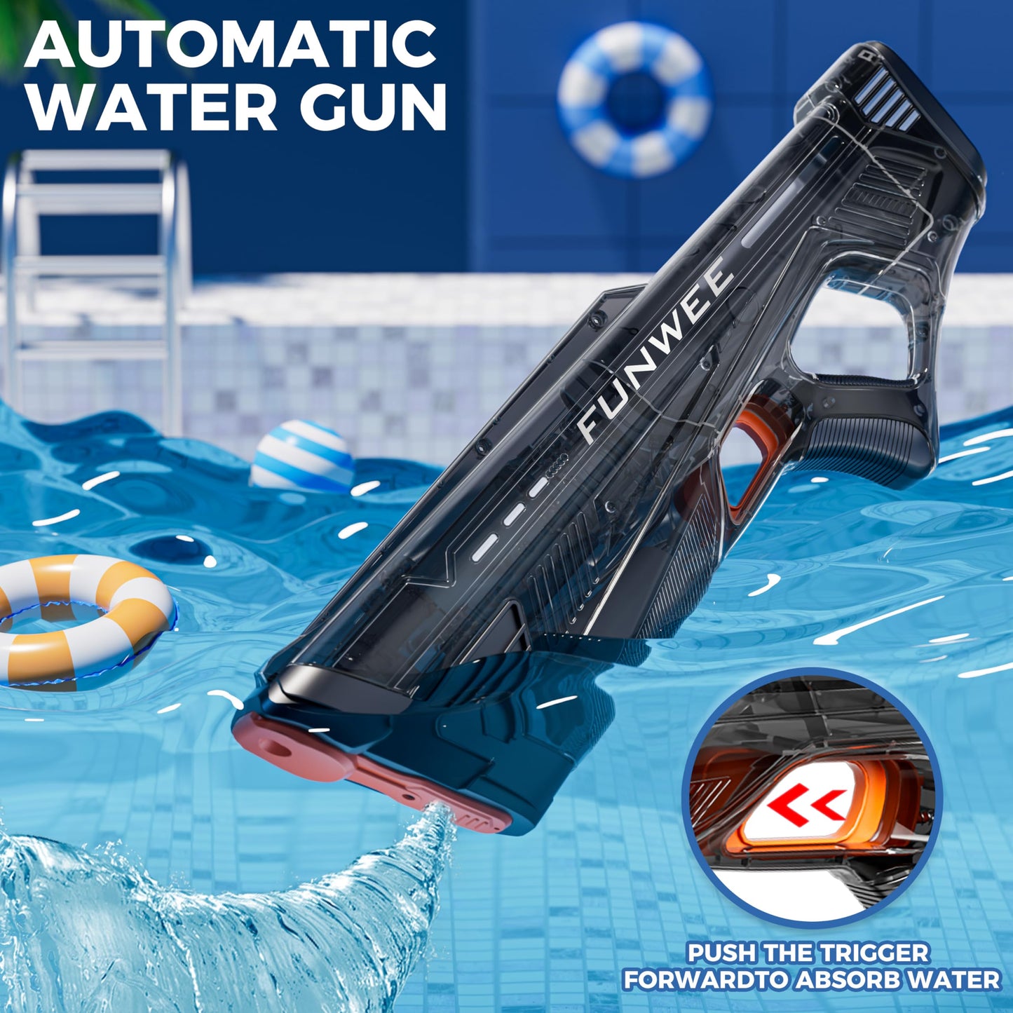 Funwee 2 Pack Electric Water Gun – High-Powered Auto Water Blaster (Transparent Red & Black)