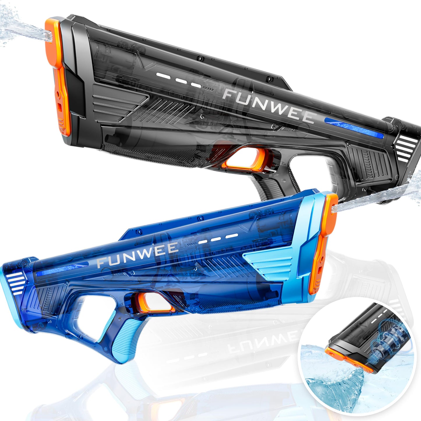 Funwee 2 Pack Electric Water Gun – High-Power Auto Blaster (Transparent Black/Blue)