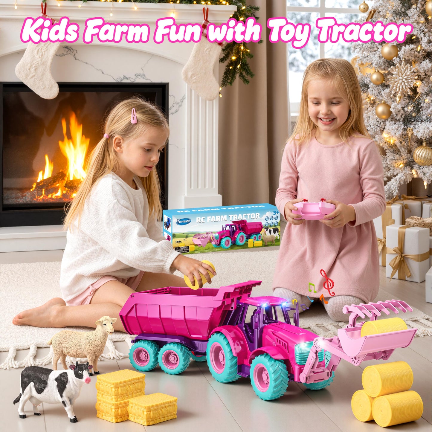 Funwee RC Tractor Toy Set with Lights & Sound – Rose Red