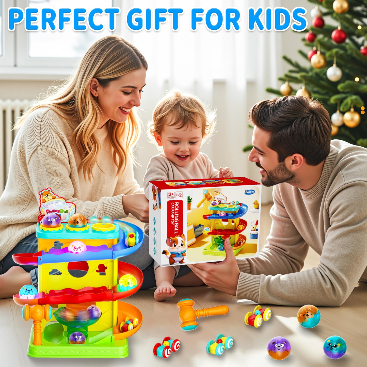 Funwee 2-in-1 Rolling Ball & Racing Car Ramp Toy – Light-Up Balls & Tracks for Toddlers (Yellow)