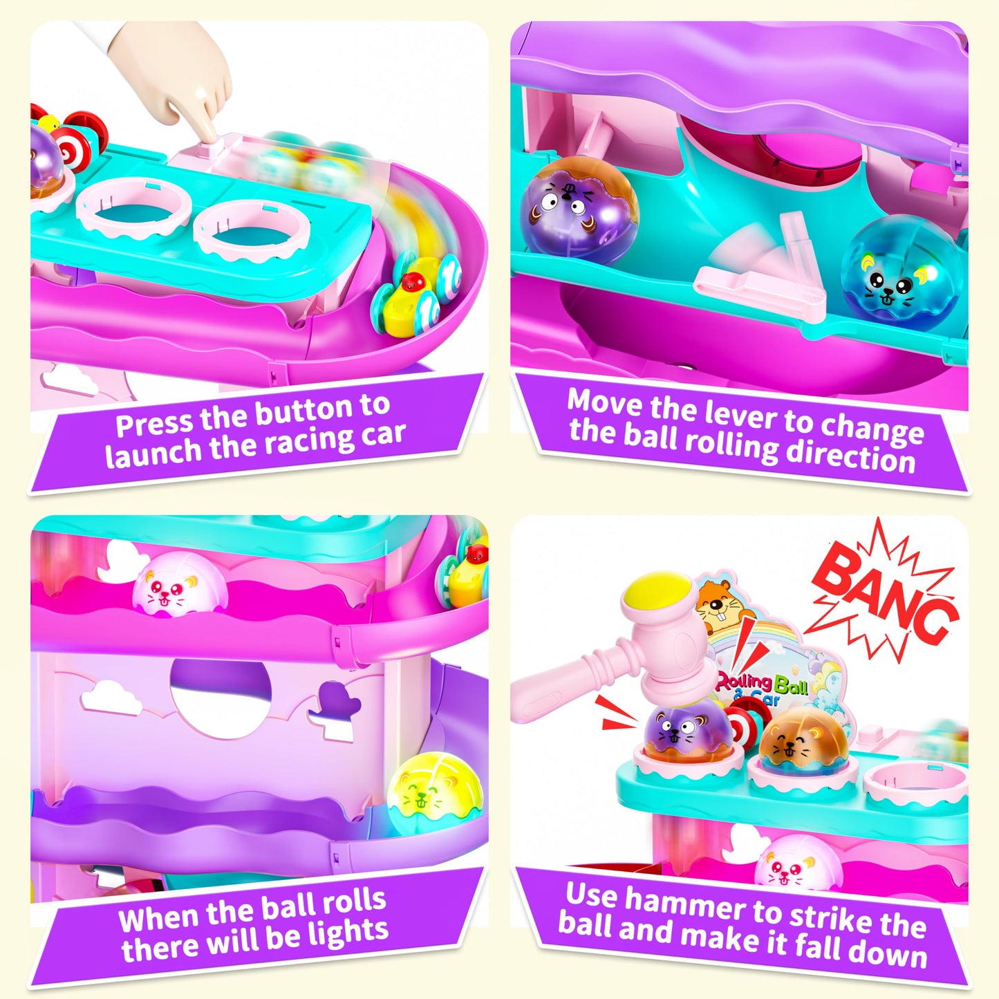 Funwee 2-in-1 Rolling Ball & Racing Car Ramp Toy for Toddlers (Pink)