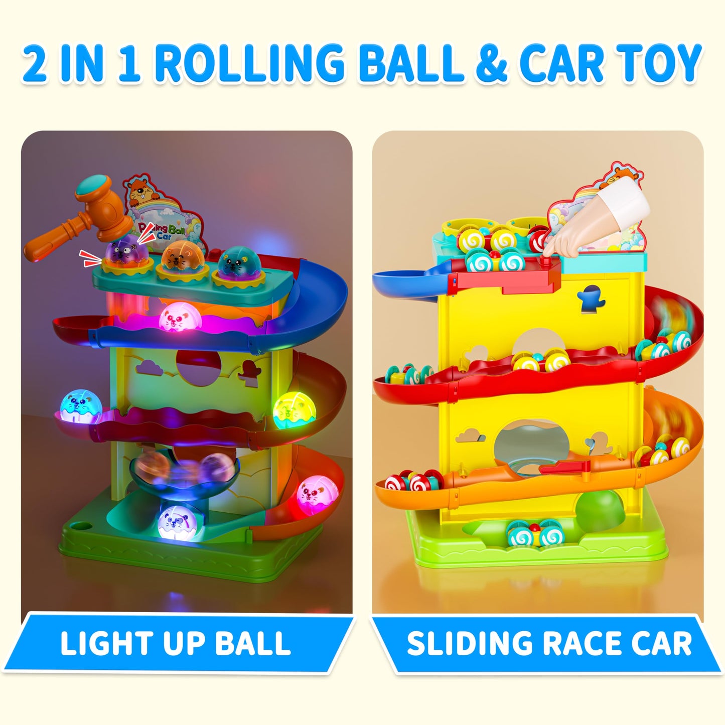 Funwee 2-in-1 Rolling Ball & Racing Car Ramp Toy – Light-Up Balls & Tracks for Toddlers (Yellow)