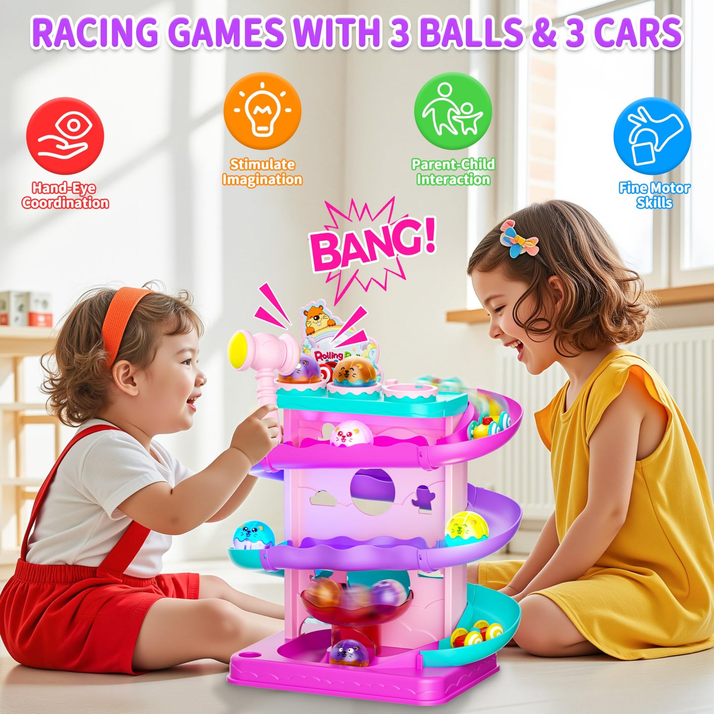 Funwee 2-in-1 Rolling Ball & Racing Car Ramp Toy for Toddlers (Pink)