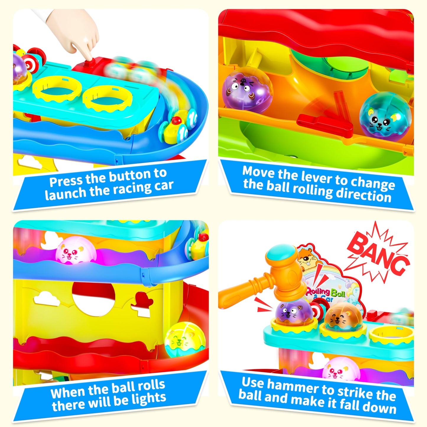 Funwee 2-in-1 Rolling Ball & Racing Car Ramp Toy – Light-Up Balls & Tracks for Toddlers (Yellow)