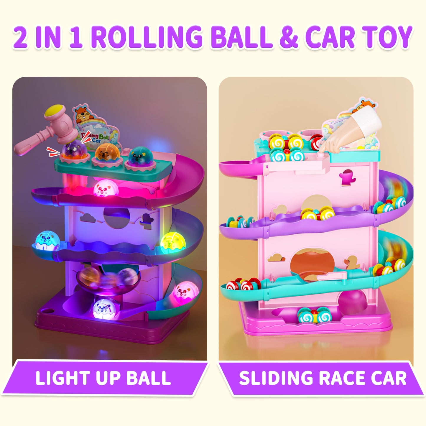Funwee 2-in-1 Rolling Ball & Racing Car Ramp Toy for Toddlers (Pink)