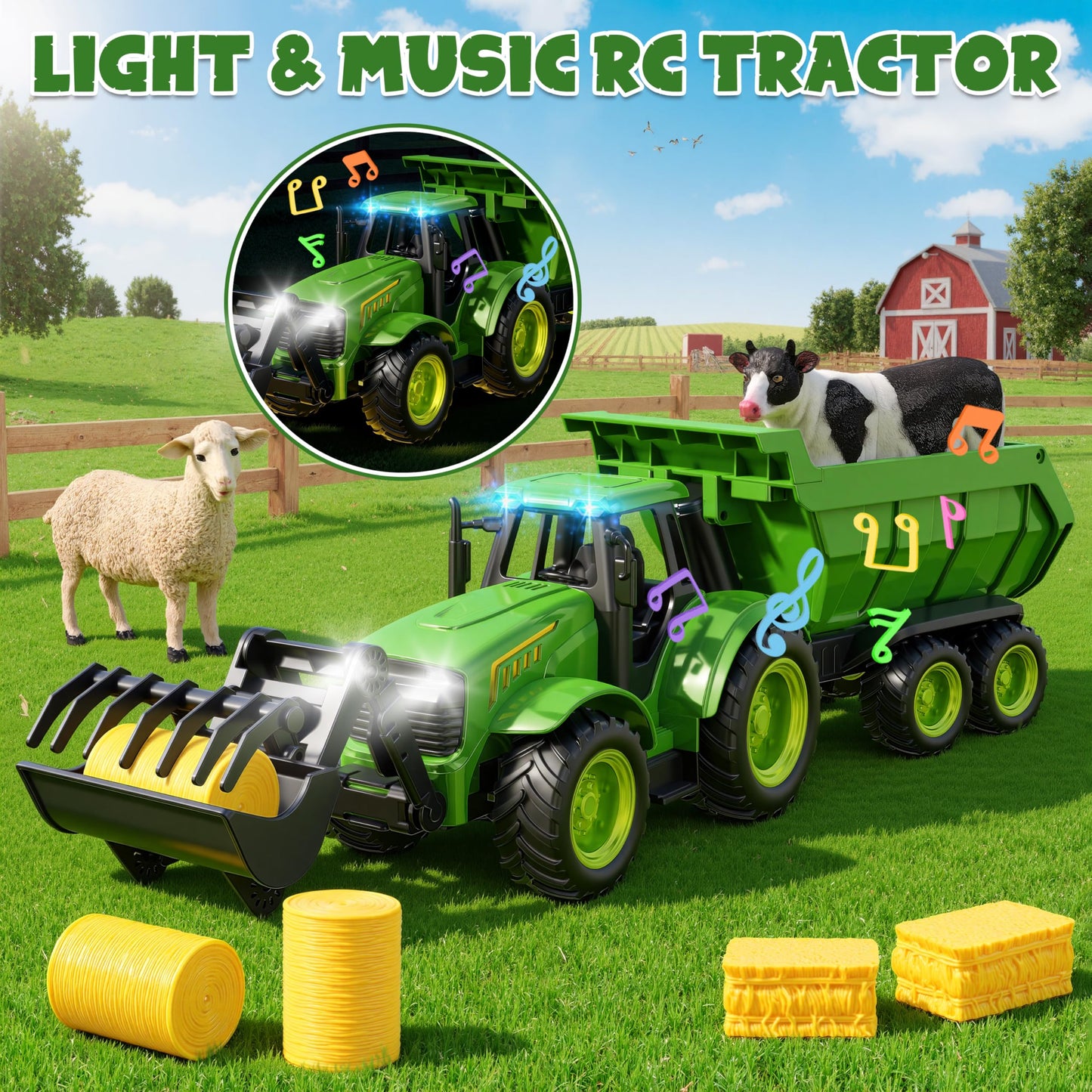Funwee RC Farm Tractor Toy with Light & Music – 2.4GHz Front Loader & Farm Animals (Green)