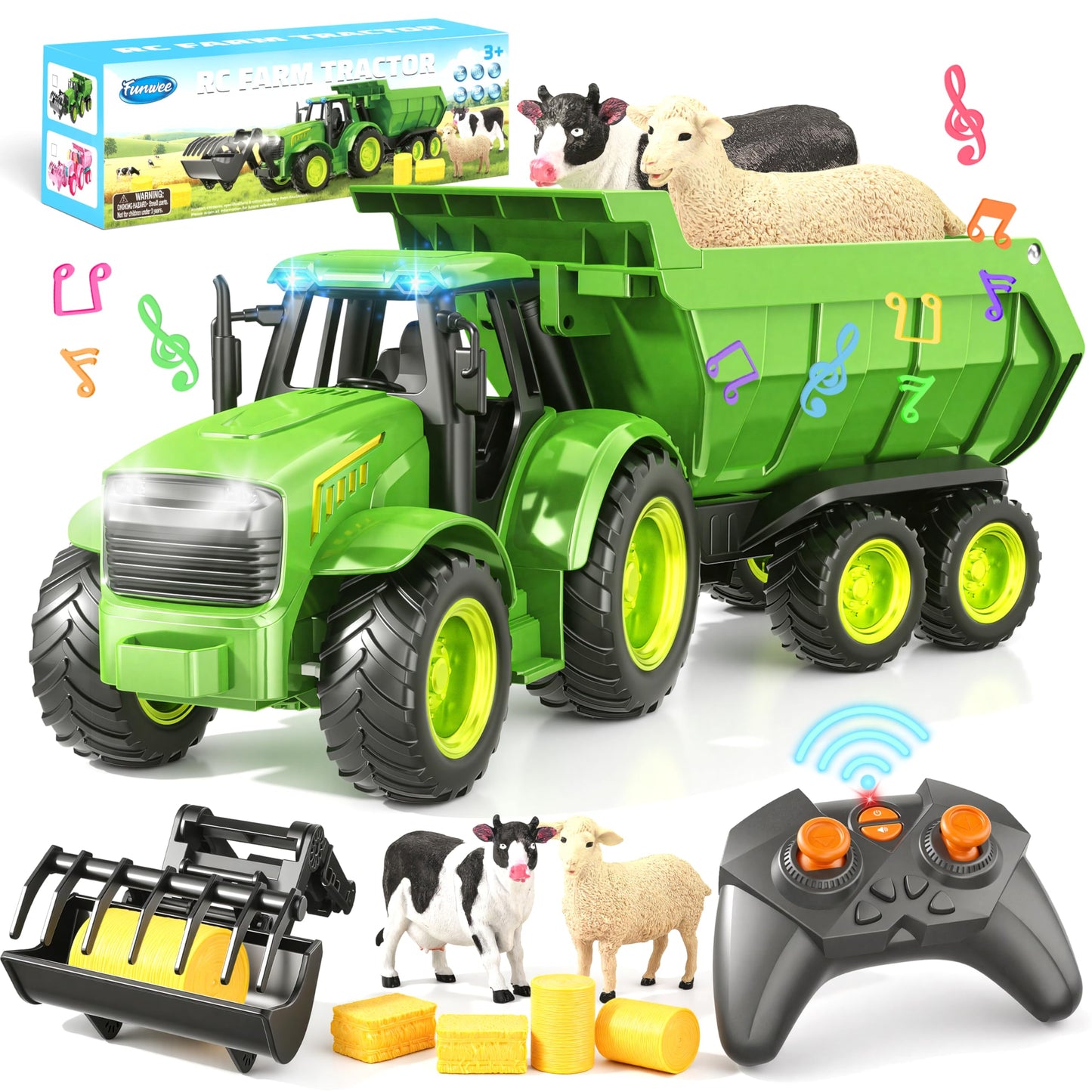 Funwee RC Farm Tractor Toy with Light & Music – 2.4GHz Front Loader & Farm Animals (Green)