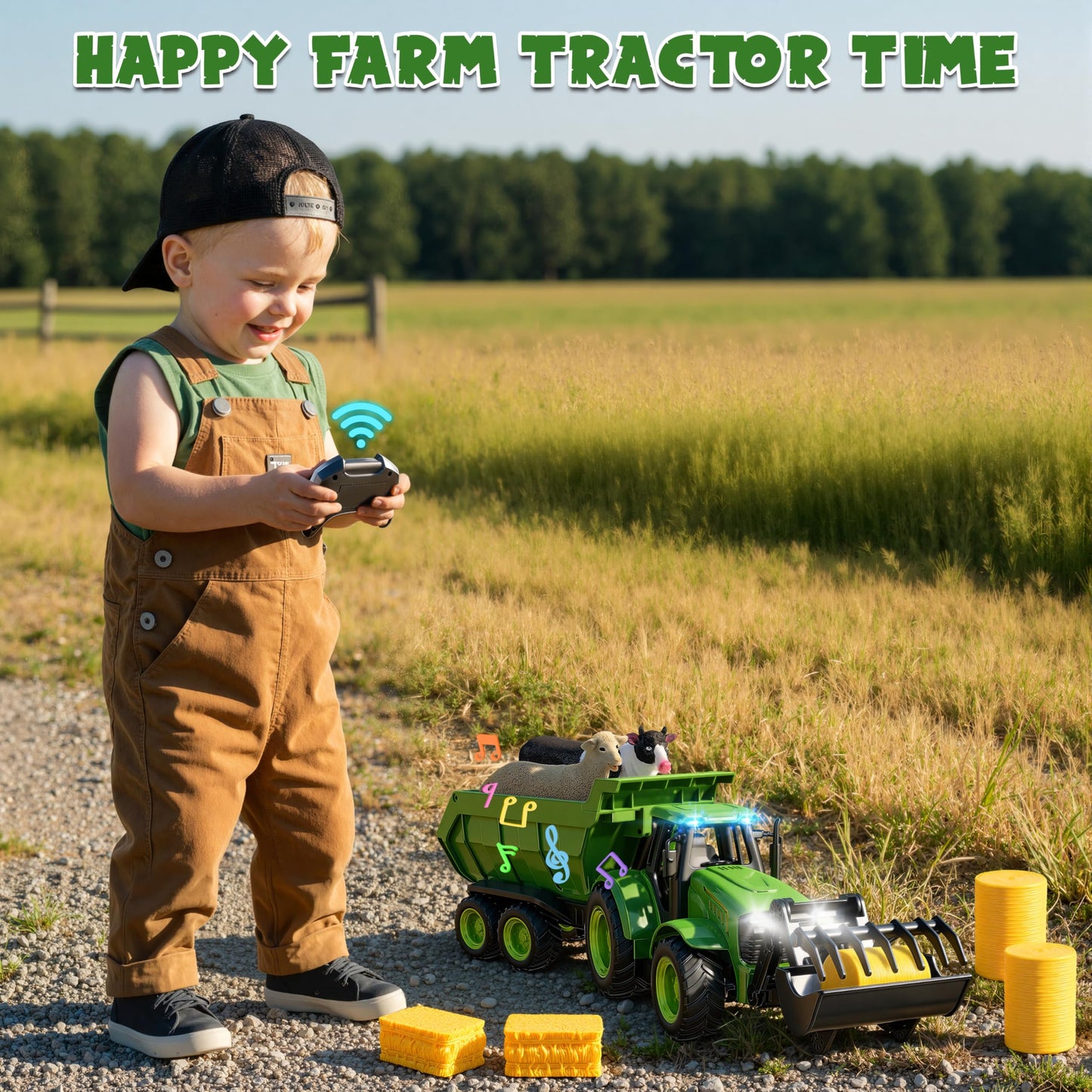 Funwee RC Farm Tractor Toy with Light & Music – 2.4GHz Front Loader & Farm Animals (Green)