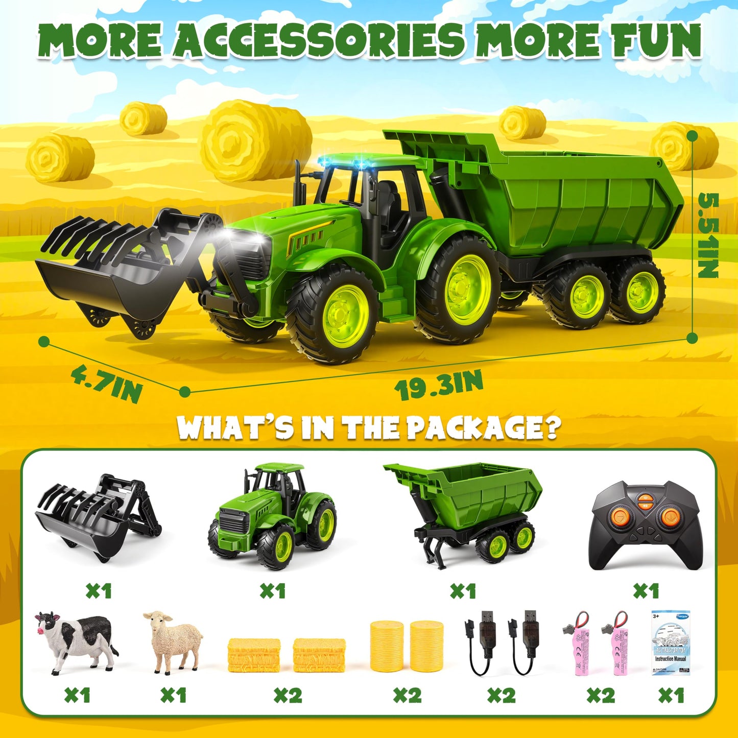 Funwee RC Farm Tractor Toy with Light & Music – 2.4GHz Front Loader & Farm Animals (Green)