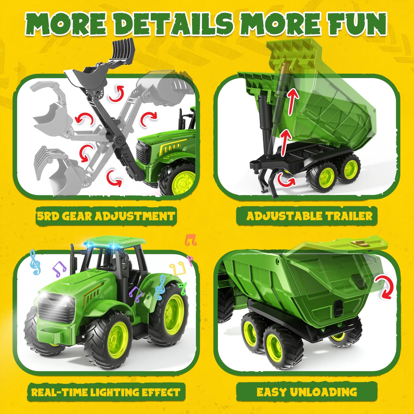 Funwee RC Farm Tractor Toy with Light & Music – 2.4GHz Front Loader & Farm Animals (Green)
