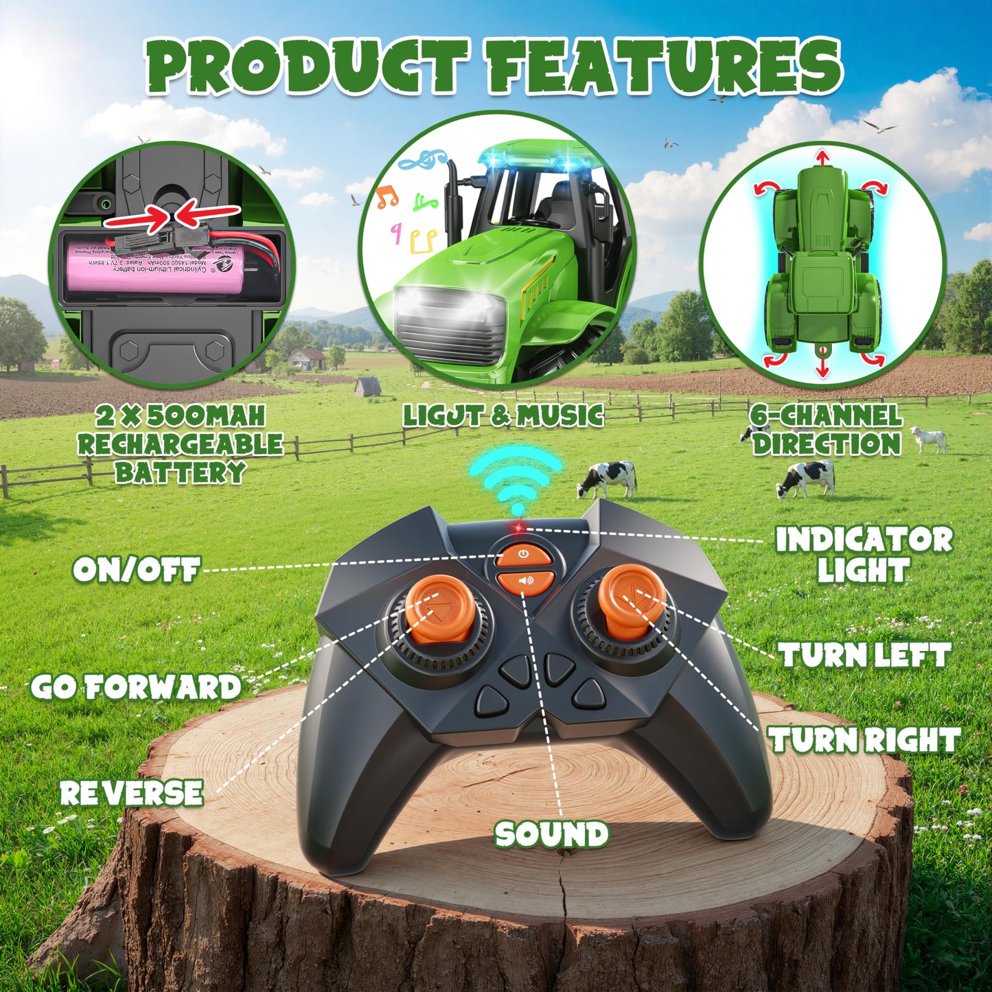 Funwee RC Farm Tractor Toy with Light & Music – 2.4GHz Front Loader & Farm Animals (Green)