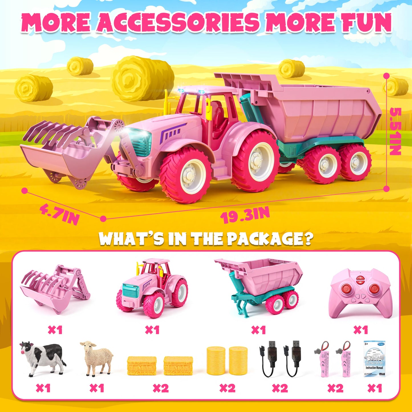 Funwee RC Farm Tractor Toy Pink – 2.4GHz, Lights & Music, Front Loader & Animals