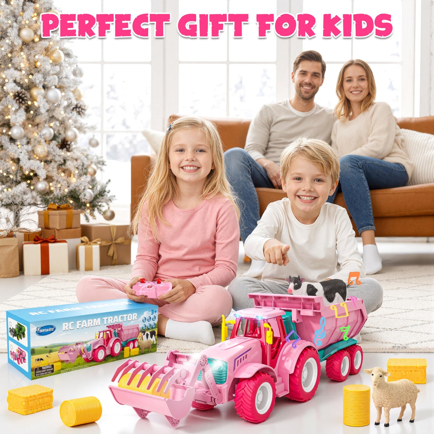 Funwee RC Farm Tractor Toy Pink – 2.4GHz, Lights & Music, Front Loader & Animals