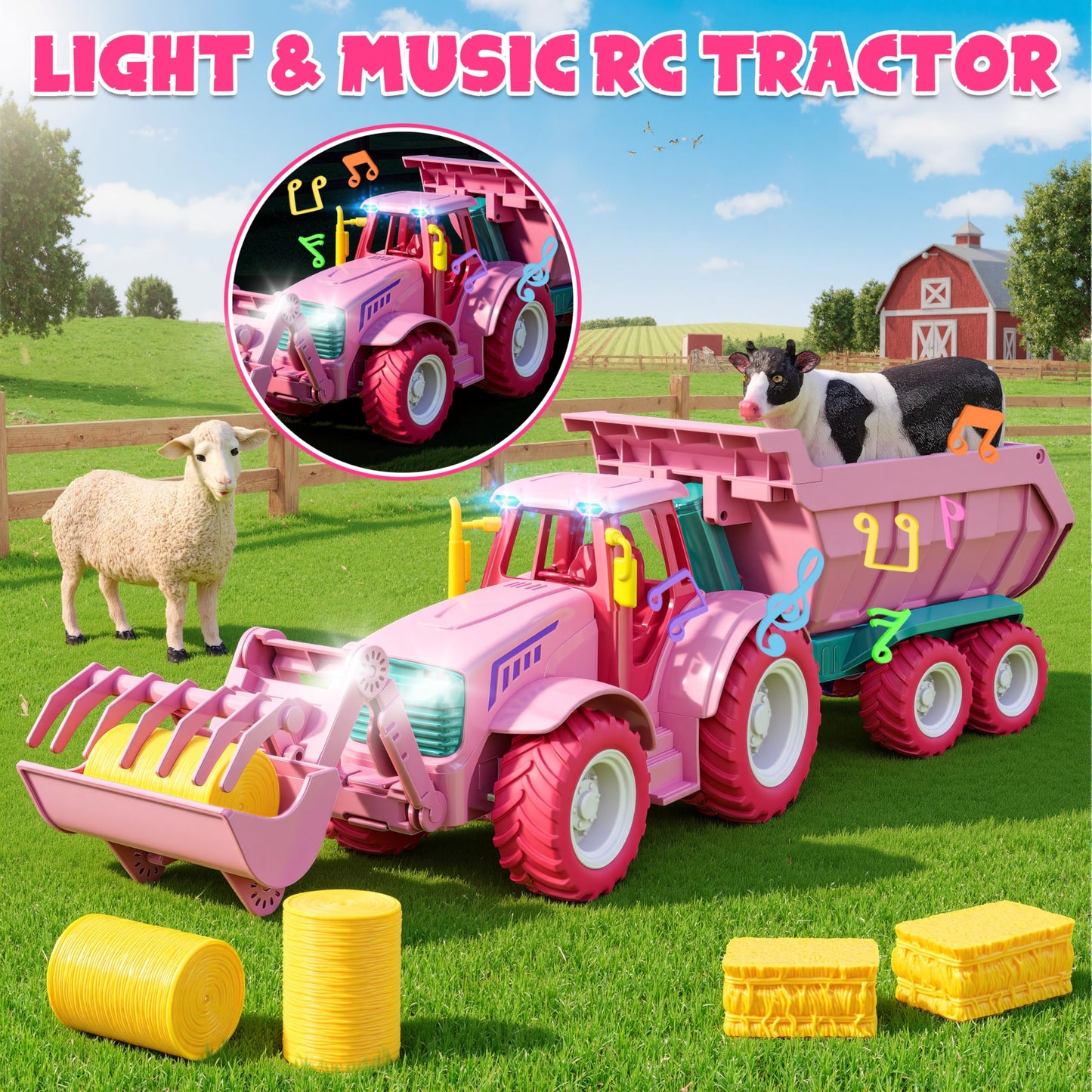 Funwee RC Farm Tractor Toy Pink – 2.4GHz, Lights & Music, Front Loader & Animals