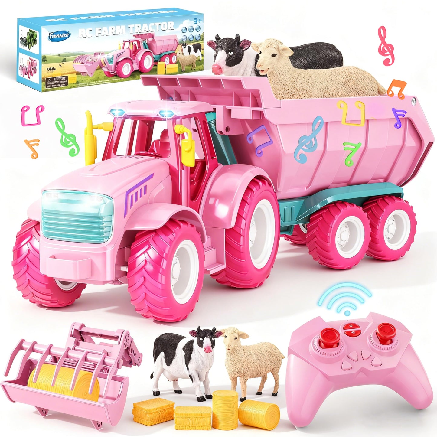 Funwee RC Farm Tractor Toy Pink – 2.4GHz, Lights & Music, Front Loader & Animals