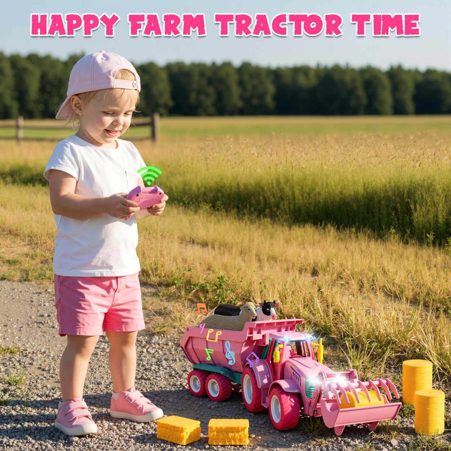Funwee RC Farm Tractor Toy Pink – 2.4GHz, Lights & Music, Front Loader & Animals