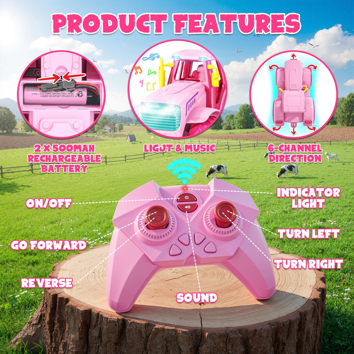Funwee RC Farm Tractor Toy Pink – 2.4GHz, Lights & Music, Front Loader & Animals