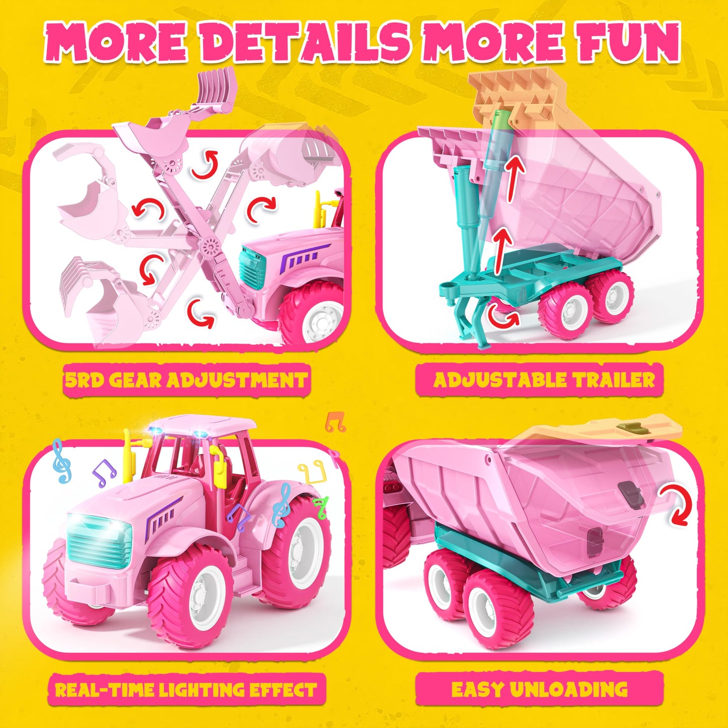 Funwee RC Farm Tractor Toy Pink – 2.4GHz, Lights & Music, Front Loader & Animals