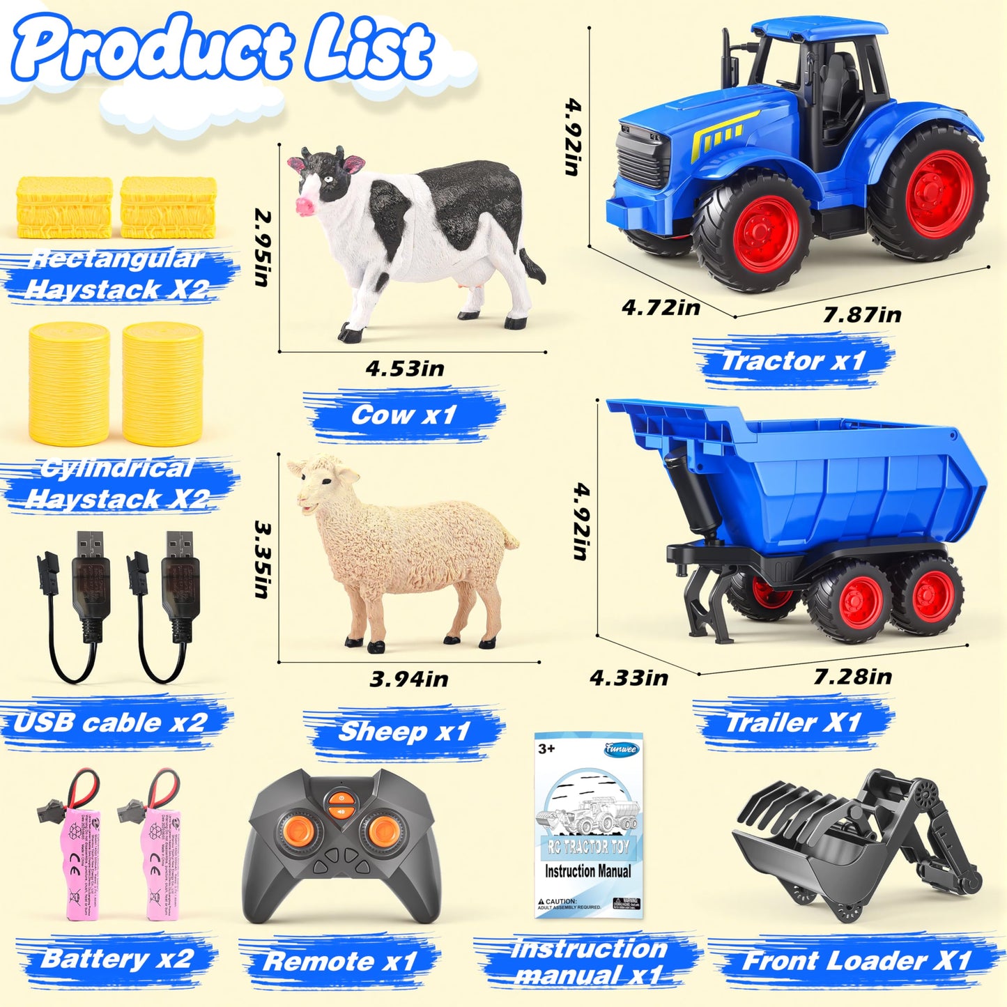Funwee RC Tractor Toy Set with Light & Sound – Kids Farm Truck (Blue)