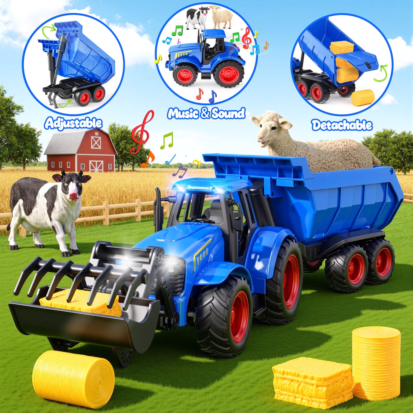 Funwee RC Tractor Toy Set with Light & Sound – Kids Farm Truck (Blue)