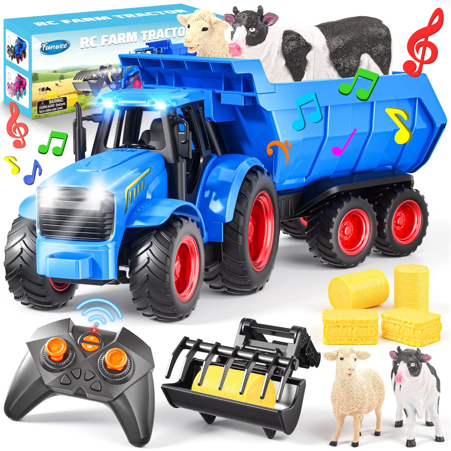 Funwee RC Tractor Toy Set with Light & Sound – Kids Farm Truck (Blue)