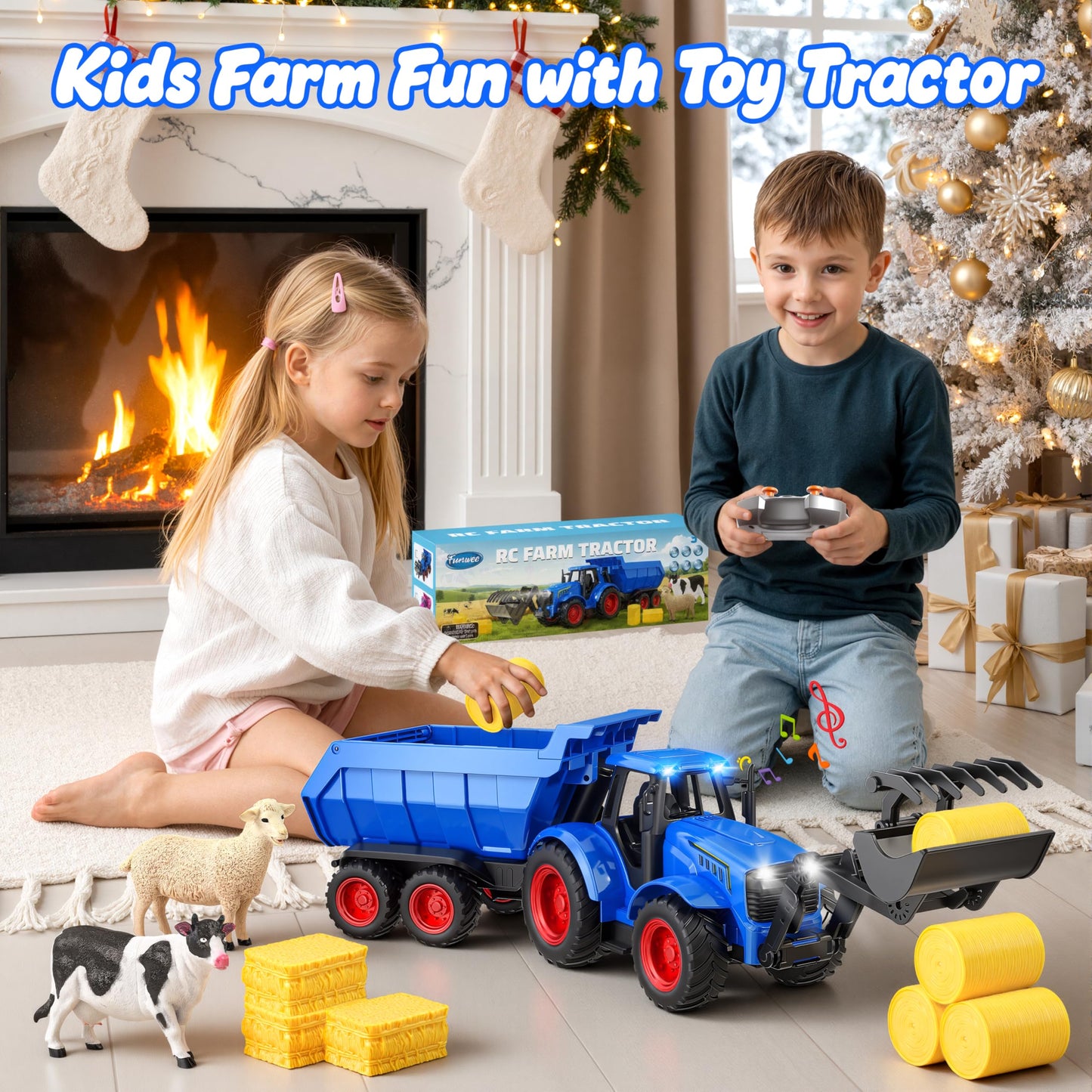 Funwee RC Tractor Toy Set with Light & Sound – Kids Farm Truck (Blue)