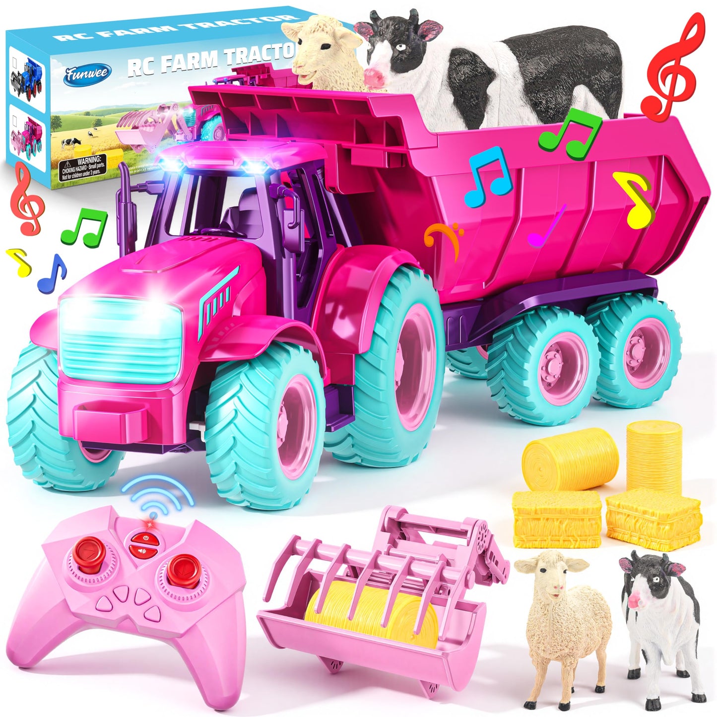 Funwee RC Tractor Toy Set with Lights & Sound – Rose Red