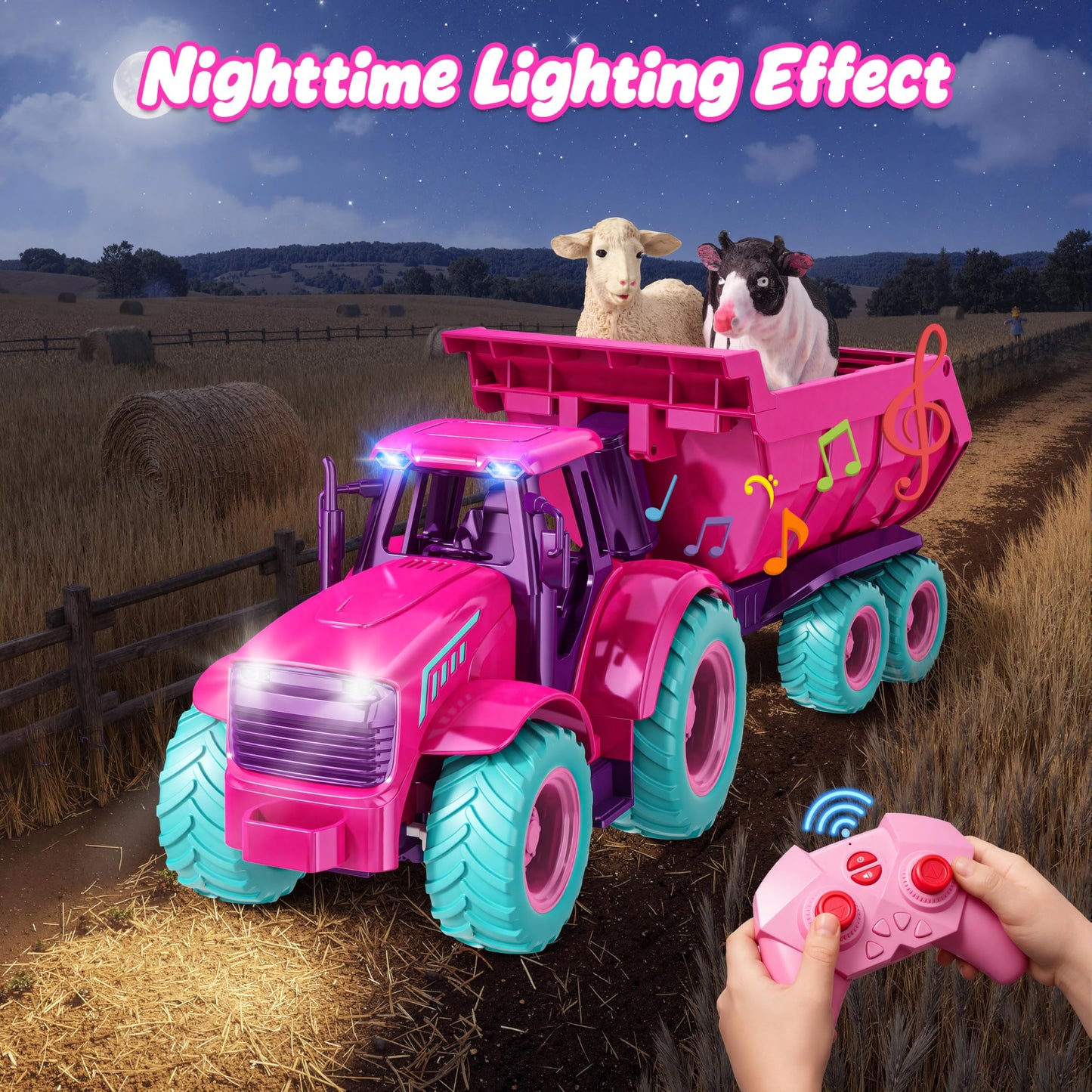 Funwee RC Tractor Toy Set with Lights & Sound – Rose Red