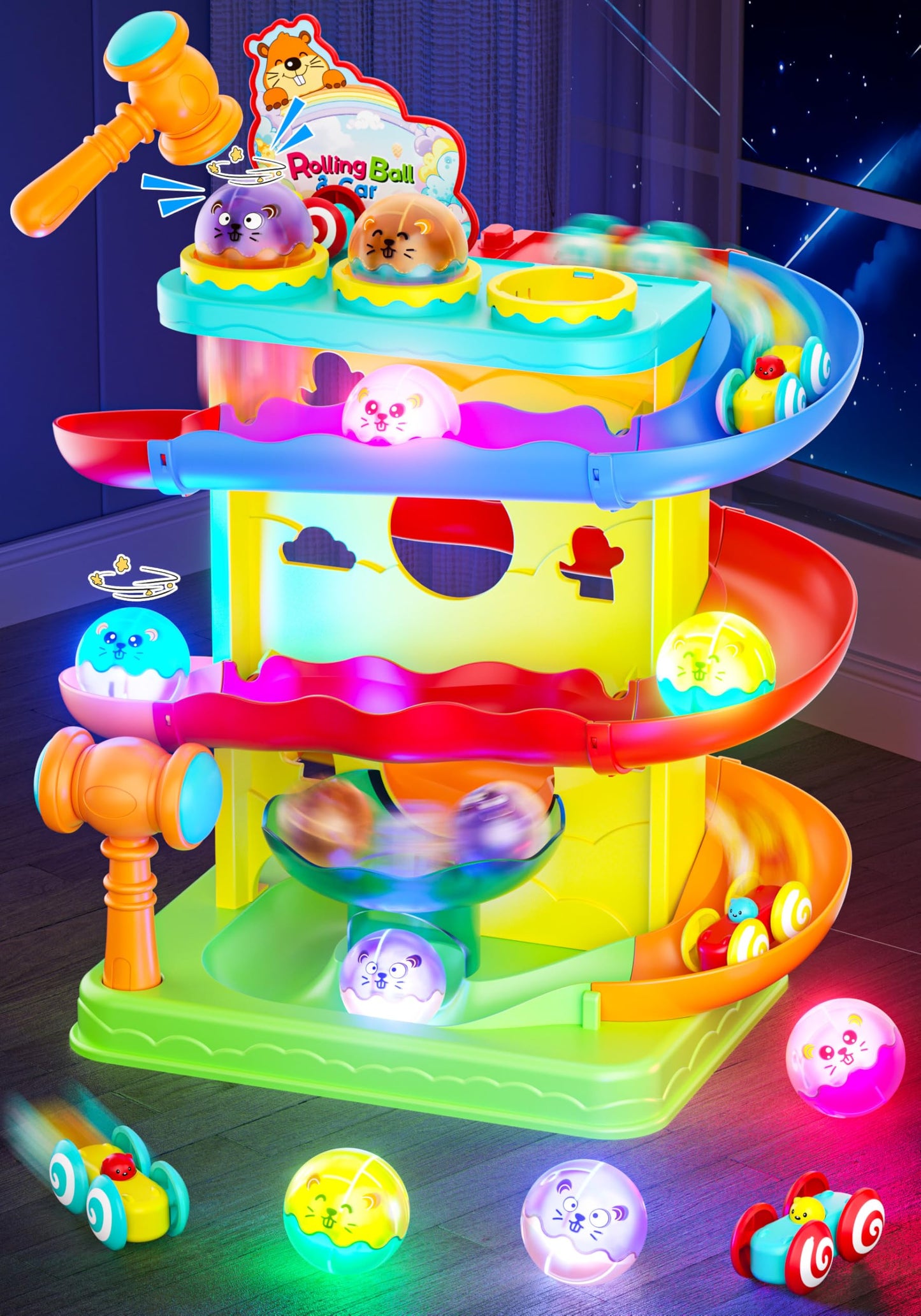Funwee 2-in-1 Rolling Ball & Racing Car Ramp Toy – Light-Up Balls & Tracks for Toddlers (Yellow)
