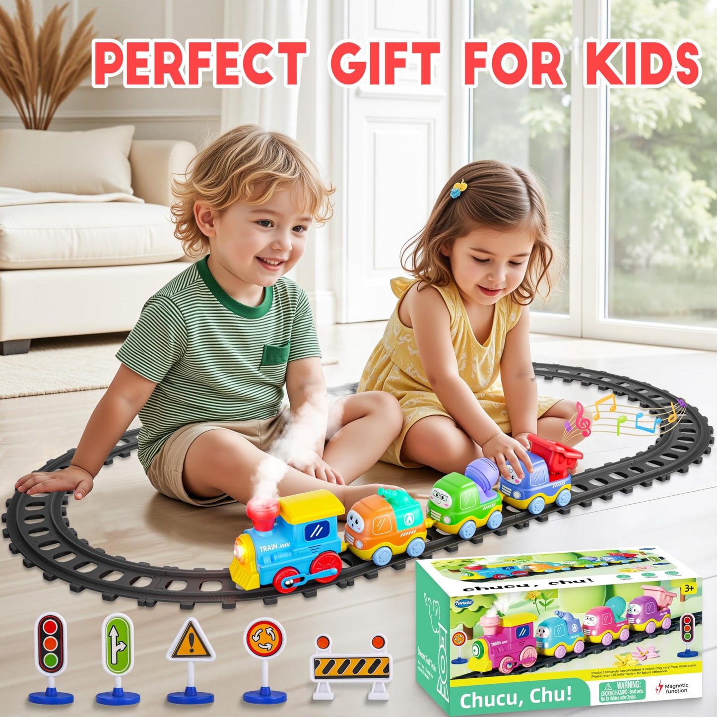 Funwee Steam Track Train Set for Toddlers – Magnetic Cars, Lights & Sounds