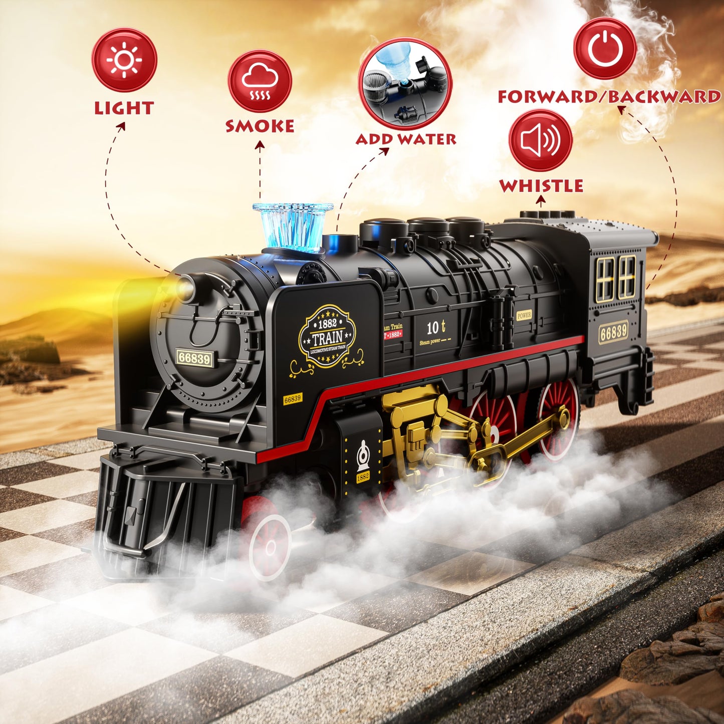 Funwee Electric Train Toy with Smokes, Lights & Sound – Track Set for Kids 3-7+