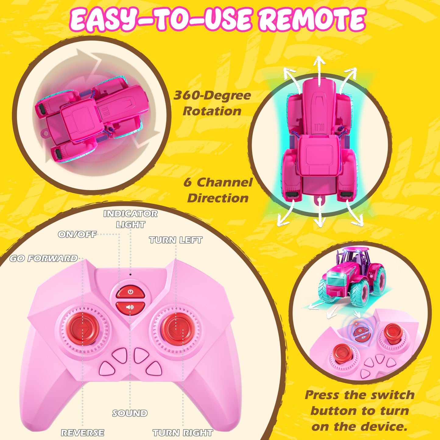 Funwee RC Tractor Toy Set with Lights & Sound – Rose Red