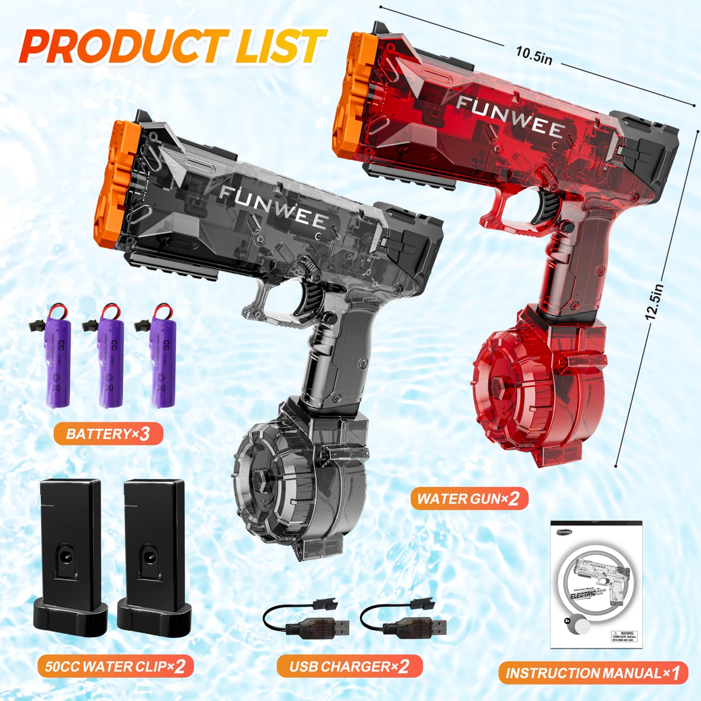 Funwee 2025 Upgraded 2-Pack Electric Water Guns – Light Up, Long-Range Power