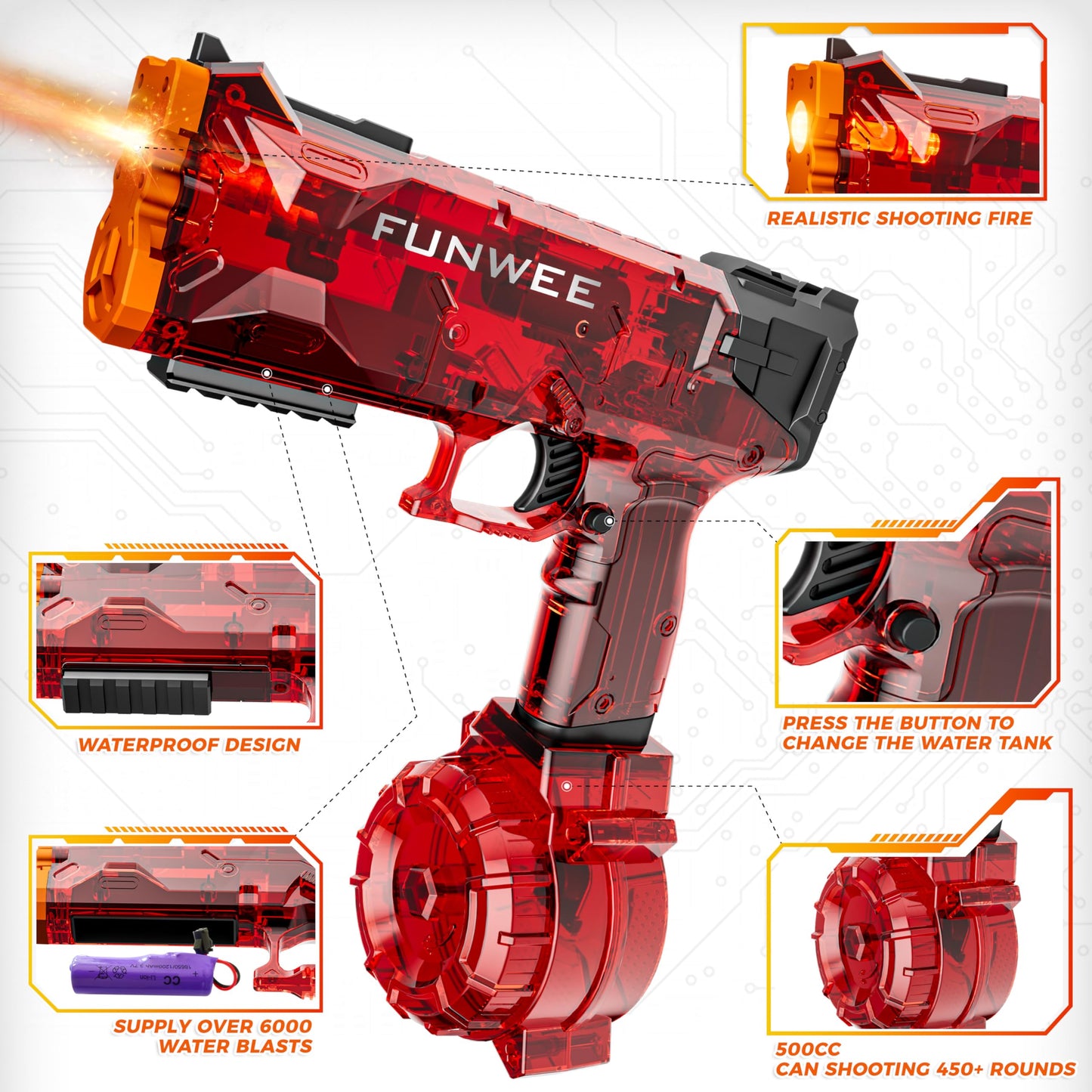 Funwee 2025 Upgraded Electric Water Gun – Light Up, Long-Range Auto Blaster