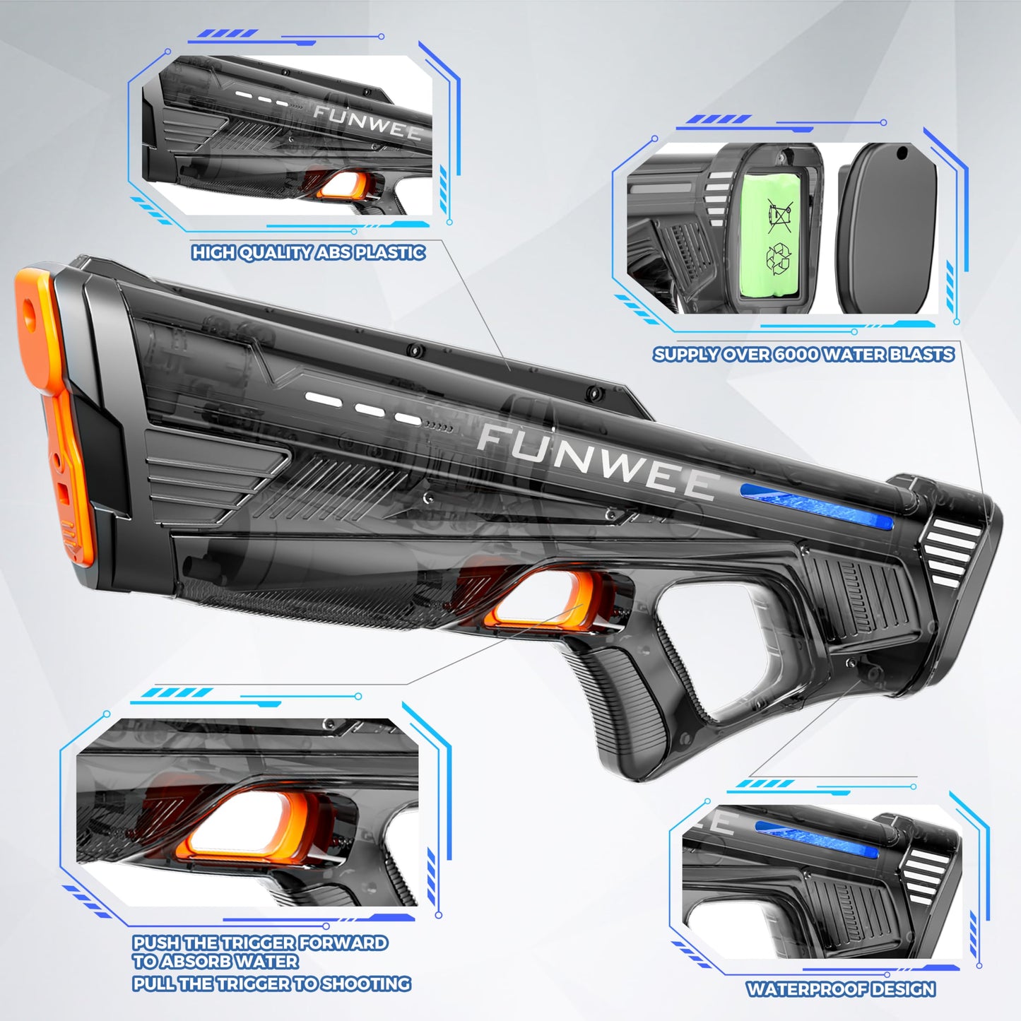 Funwee 2 Pack Electric Water Gun – High-Power Auto Blaster (Transparent Black/Blue)