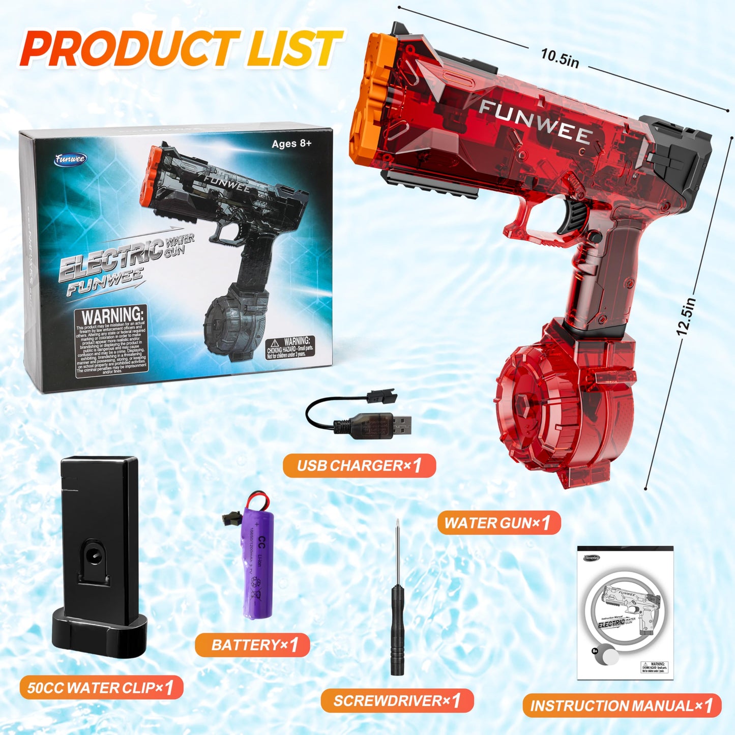 Funwee 2025 Upgraded Electric Water Gun – Light Up, Long-Range Auto Blaster